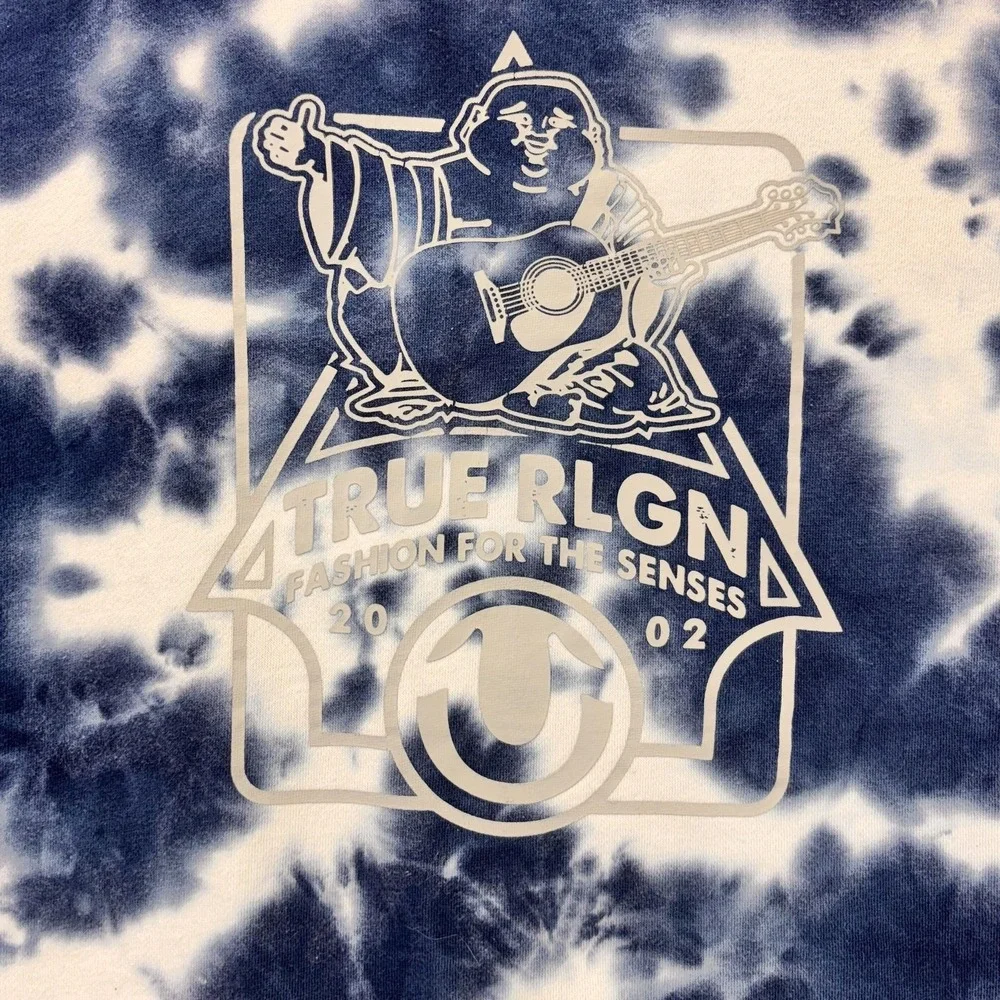 True Religion Sweatshirt Mens Large Blue Tie Dye Buddha Graphic Fleece Pullover